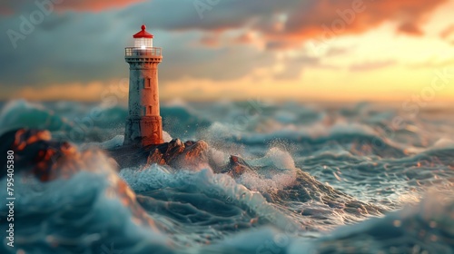 A lighthouse on a rocky coast with large waves crashing against it. The sky is stormy and the water is rough. The lighthouse is red and white and there is a light shining from the top. photo