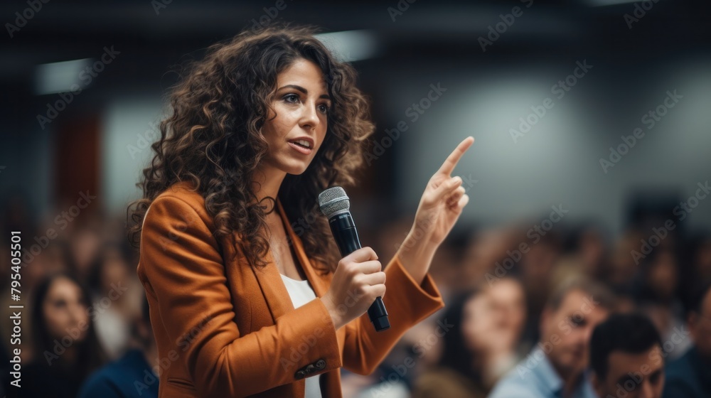 Female entrepreneur raises hand to answer question during business meeting in conference room. Answer question. Raise hand to ask.