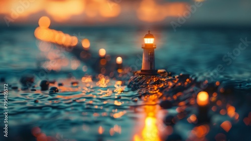 A lighthouse on a stormy night. The light from the lighthouse is reflecting on the water. photo
