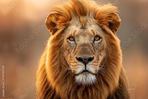 A lion staring at the camera with an intense look. photo