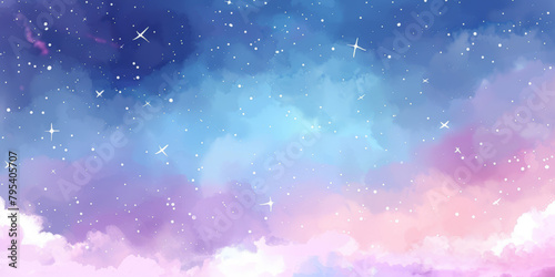Watercolor sky with clouds and stars, dreamy, soft blue purple and pink color background , banner © Planetz