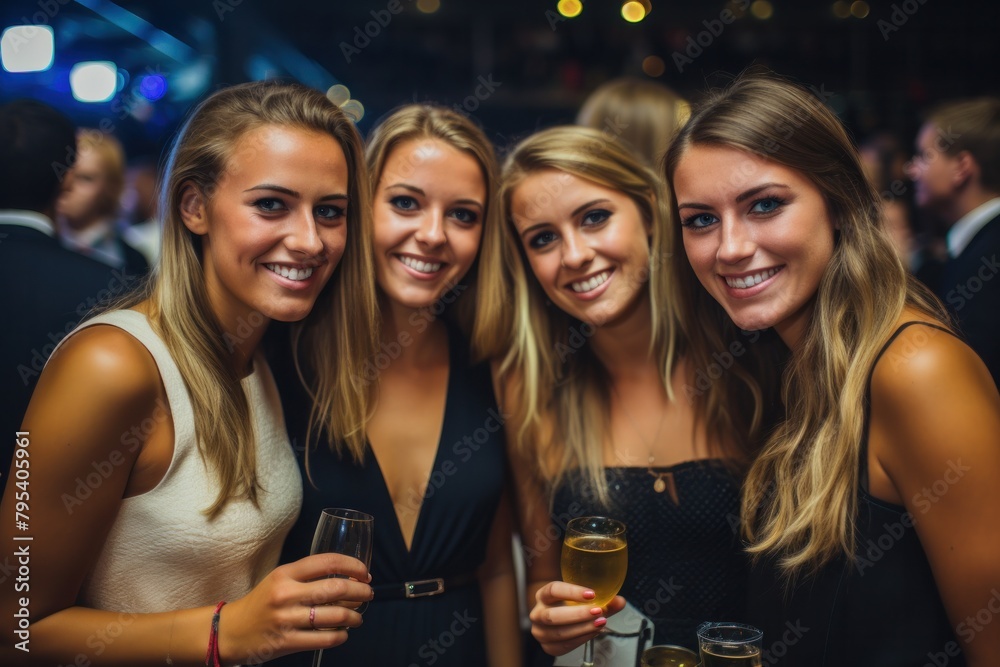 Group of young women having sparkling wine party smiling happily