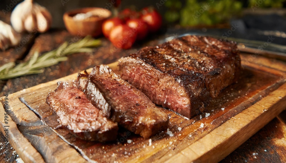 juicy angus steak or sirloin steak grilled over hot coals sliced rare on a wooden board generative ai