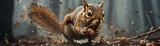 A squirrel in a tiny zombie costume scurries around collecting acorns, its movements jerky and comical, mimicking its undead persona