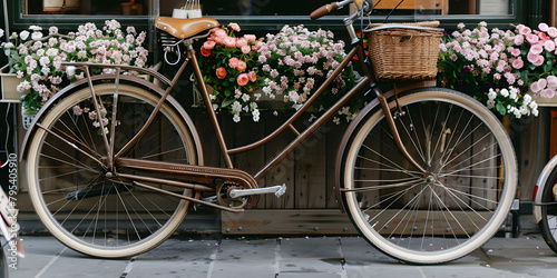 Bicicleta antiga estacionada em uma rua da cidade repleta de flores photo
