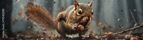A squirrel in a tiny zombie costume scurries around collecting acorns, its movements jerky and comical, mimicking its undead persona photo