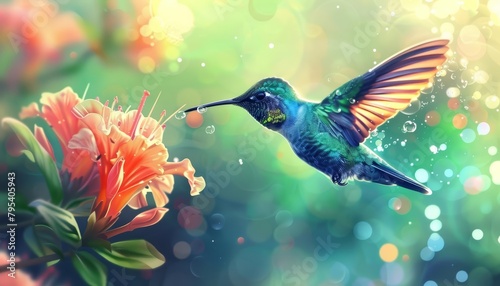 A tiny hummingbird, its feathers a sparkling tapestry of vivid greens and blues, hovers delicately over a bloom, kawaii, bright water color © JK_kyoto