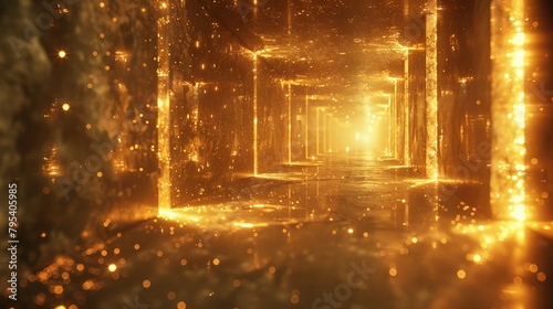 A long golden tunnel with glowing particles.