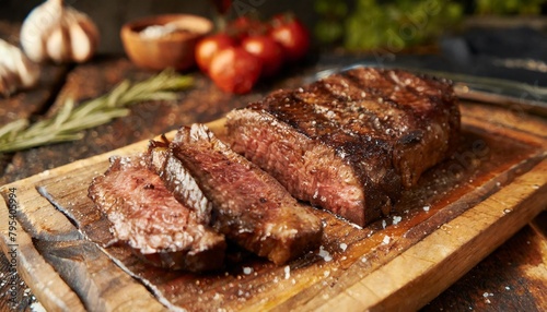 juicy angus steak or sirloin steak grilled over hot coals sliced rare on a wooden board generative ai