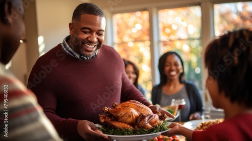 African American man smiling cheerfully Happy serving the turkey While gathering with family for Thanksgiving at the dinner table at home. photo