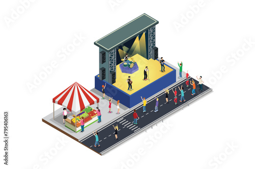 Roadside Music Festival Illustration Concept with cars, accessories sales. 3d Isometric View of Party Elements, Concert Background and Stage Landscape. Music Event vector illustration