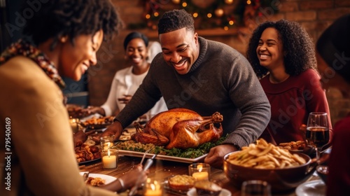 African American man smiling cheerfully Happy serving the turkey While gathering with family for Thanksgiving at the dinner table at home.