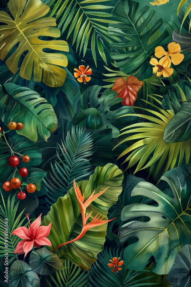 A lush tropical rainforest with a variety of plants and flowers. A lush tropical rainforest with a variety of plants and flowers.