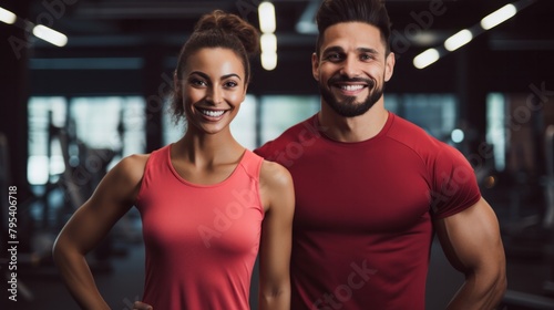 Couple likes to exercise  tensing their muscles after exercising in the gym. happily