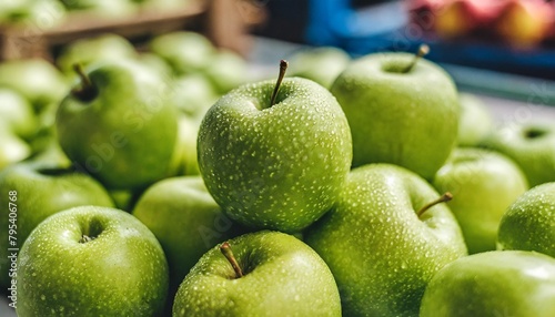 granny smith apples on a sorting table in a fruit packing warehouse photo