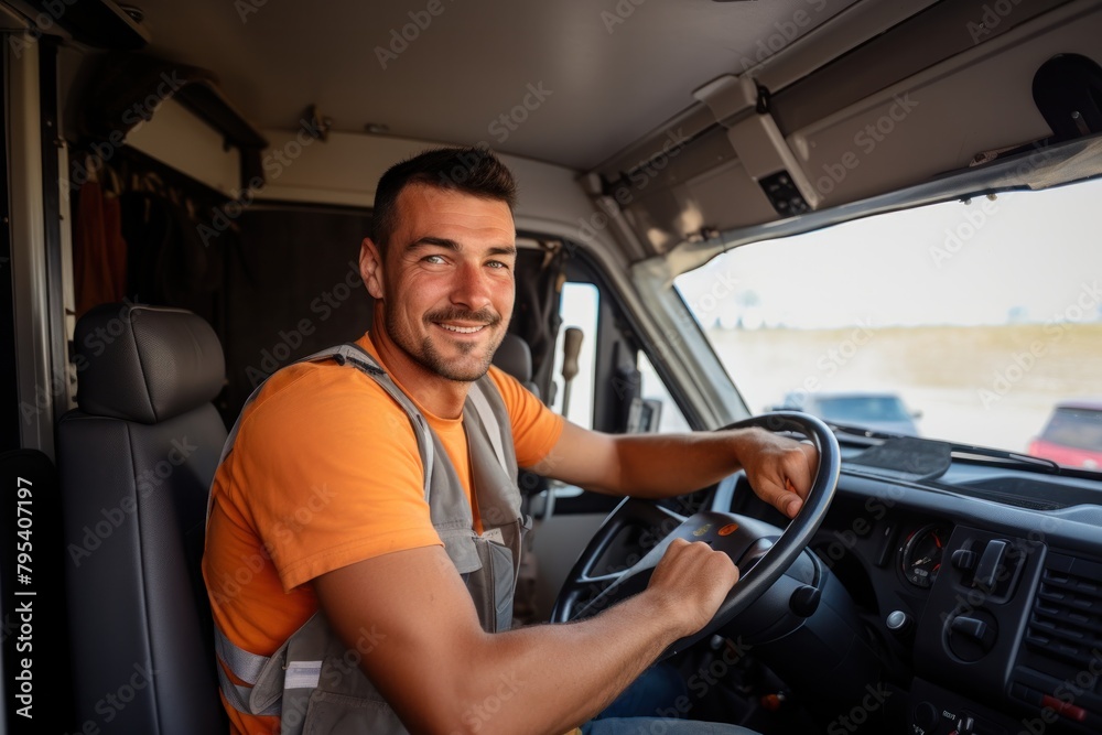 Obraz premium Happy smiling truck driver sitting in the cab. Driver's seat.