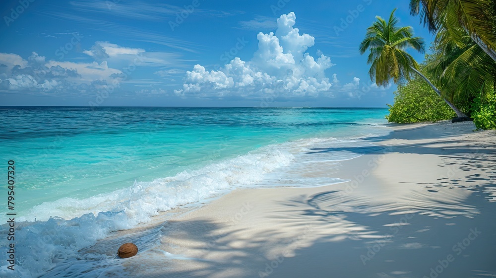 Fototapeta premium Luxurious tropical landscape. White sand with palm trees and azure sea. A heavenly place to relax. Beautiful exotic summer beach background for design.