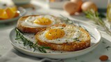 Two fried eggs on toast with rosemary on a white plate.