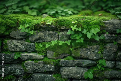 The velvety texture of moss on an old stone wall, a lush and quiet backdrop of green, photo