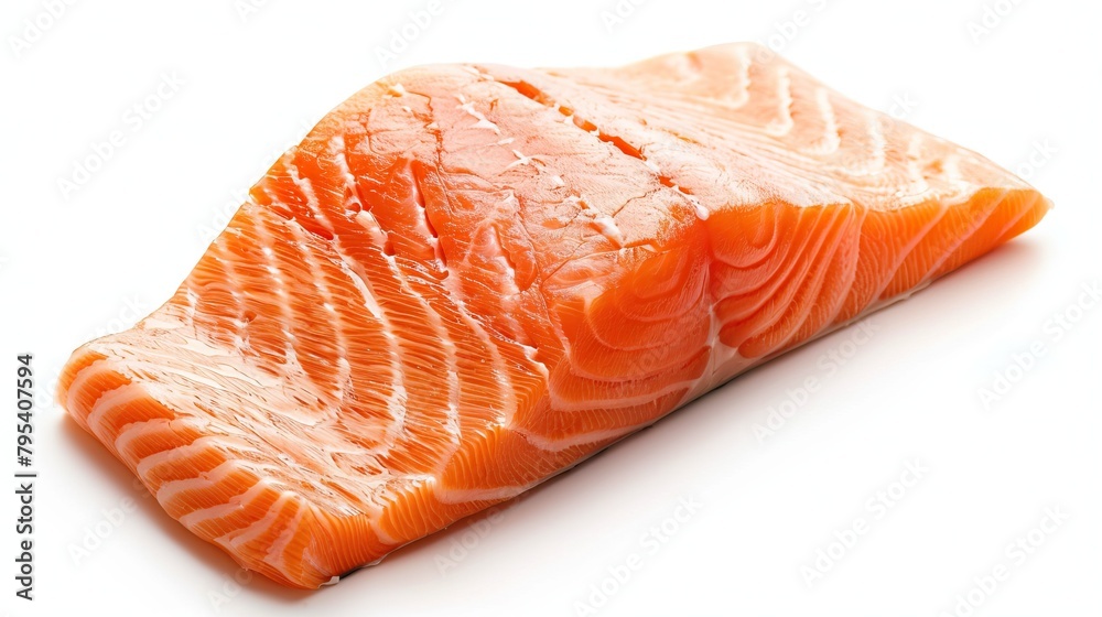 A raw salmon fillet on a white background. A raw salmon fillet on a white background.