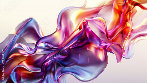 abstract translucent amorphous glass flowing fluid waves with colorful gradient of purple, pink, and orange tones on white background.