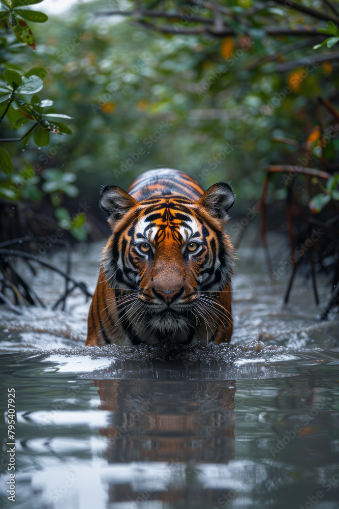 A Bengal tiger marking its territory amidst the dense mangroves of the Sundarbans,