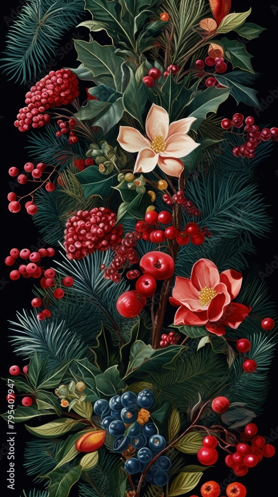 Fototapeta premium Christmas botanical plants christmas pattern berry
