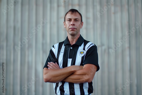 clean and modern shot the commanding presence of a football referee, framed against a minimalist background, symbolizing control and impartiality in the game,