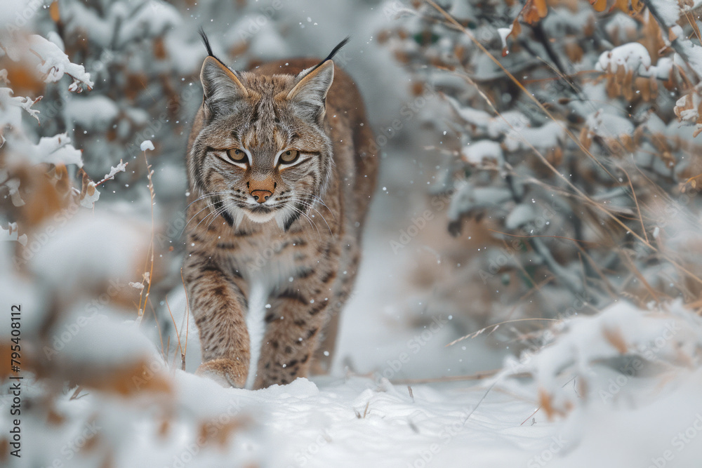 A bobcat stalking its prey through a snowy trail, perfectly camouflaged by its fur,