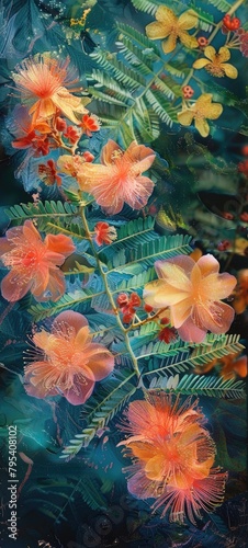 Vivid tropical flowers and foliage submerged in water