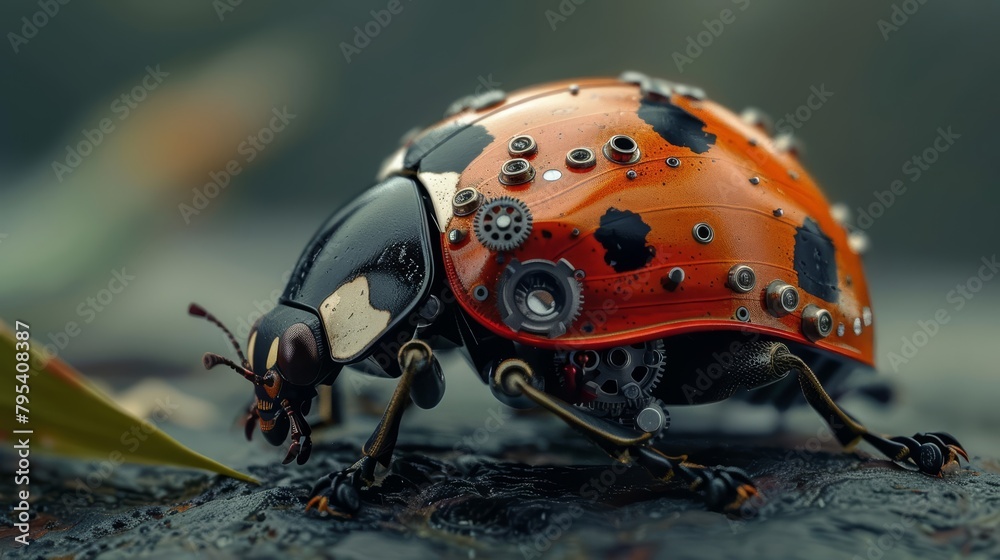 Obraz premium Captured in a macro concept closeup, a ladybugs shell opens to reveal a sophisticated internal mechanism, a beautiful robotic marvel in a miniature form