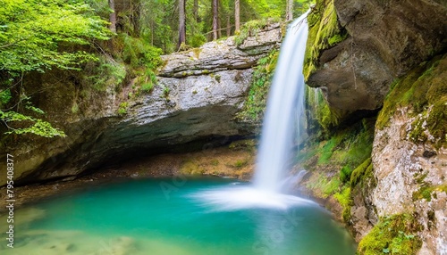 a small pool of water with a waterfall coming out of the side of a cliff in the middle of a forest
