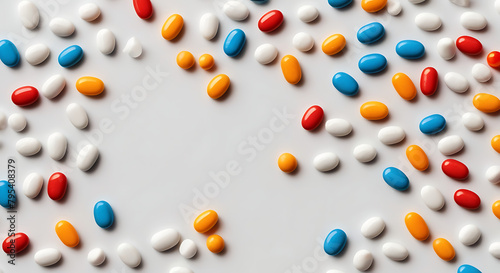 Prescription medicine drug pills or tablets and capules scattered on white countertop with big copy space and plain base, top down shot , medicine
 photo
