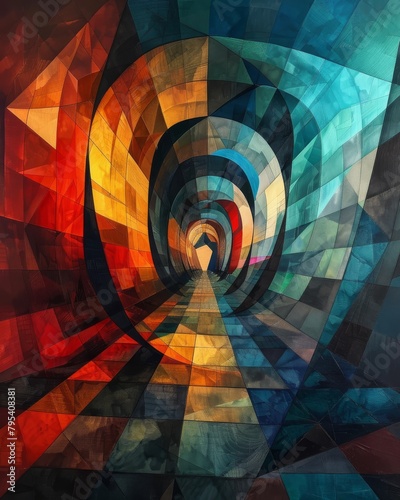 A mesmerizing symmetrical tunnel with bright contrasting colors.
