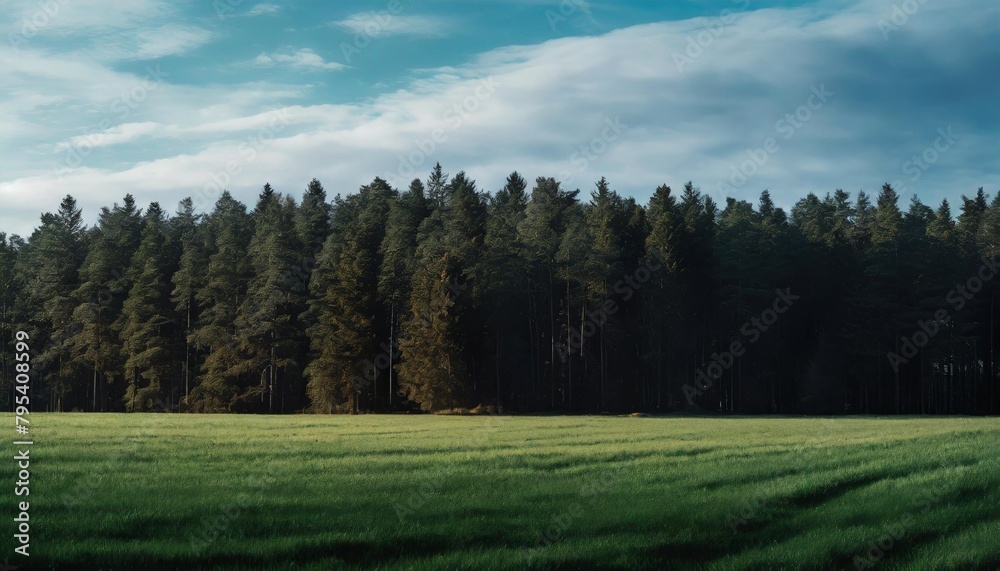 view of a coniferous forest behind a green field