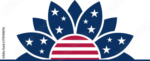 Patriotic Sunflower with Red and White Stripes, Blue Petals, and White Stars Cut in Half Graphic Design with Transparent Background