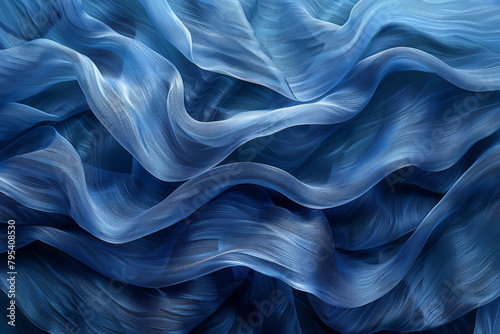 A canvas of Japanese Shibori fabric, its indigo waves a serene meditation on fluidity and form, photo