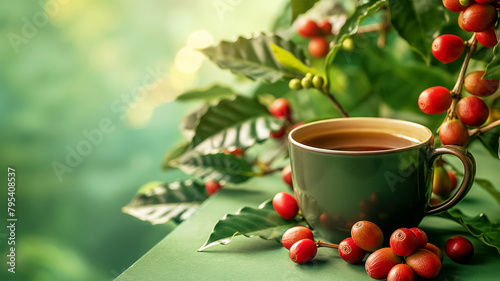 On a green natural background, a beautiful porcelain coffee mug with strong and fragrant freshly brewed coffee on a background of coffee leaves and beans. Love of coffee drinks
