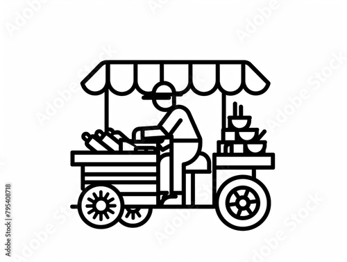 Outline icon of street hawker using minimalist style and black line outline. White background 