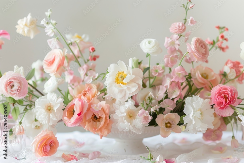 Elegant floral table decor against a soft transparent white backdrop, perfect for special occasions