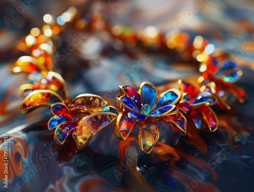 A necklace made of multicolored flowers with sapphires, rubies and diamonds on a marble background. photo