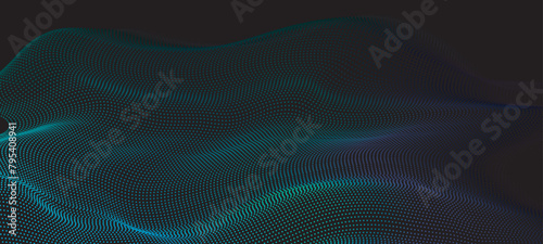 Vector in concept of technology, science, music, modern. Flowing dot particles light wave pattern halftone blue and green gradient smooth curve shape isolated on black background. 