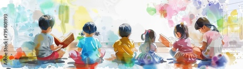 Children sit crosslegged, their eyes wide and curious, as a story unfolds in the teacher s vivid, illustrated book, kawaii, bright water color photo