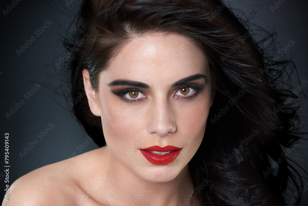 Portrait, beauty and woman with hair care, cosmetics and dermatology on dark studio background. Face, happy person or model with salon treatment, luxury and grooming with shine, glowing and aesthetic Portrait, beauty and woman with hair care, cosmetics and dermatology on dark studio background. Face, happy person or model with salon treatment, luxury and grooming with shine, glowing and aesthetic