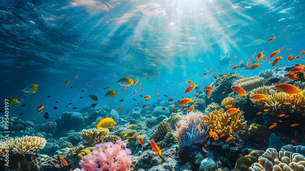 Naklejka premium Vibrant Marine Life Thriving in a Sunlit Coral Reef Ecosystem