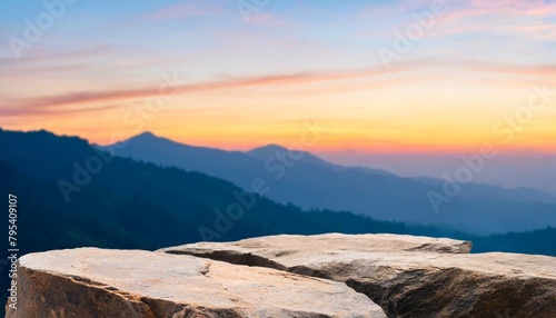 stone podium table top on with outdoor mountains pastel color scene nature landscape at sunrise blur background natural beauty cosmetic or healthy product placement presentation pedestal display