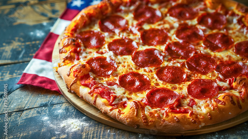 Delicious, hot and traditional pepperoni pizza on the background of the national American flag. The concept of celebrating Independence Day on July 4th.