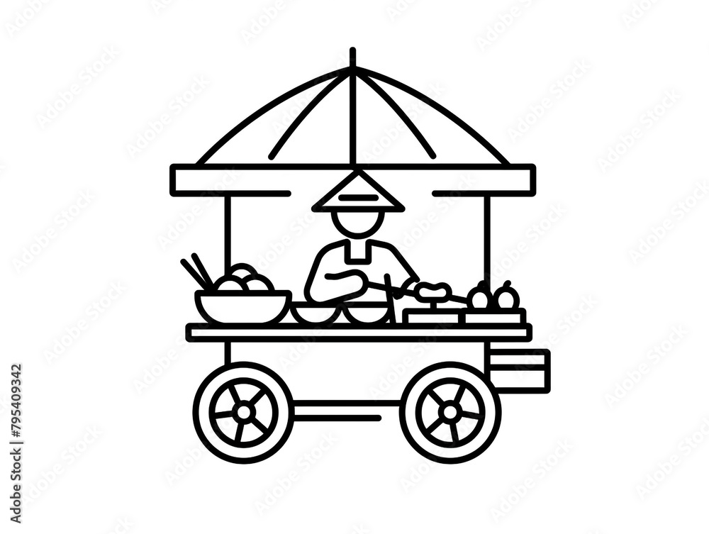 Obraz premium Outline icon of street hawker using minimalist style and black line outline. White background 