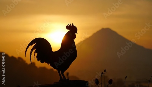 silhouette bantam rooster at sunrise photo