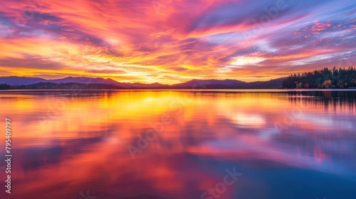 A beautiful sunset over a lake with a reflection of the sky on the water